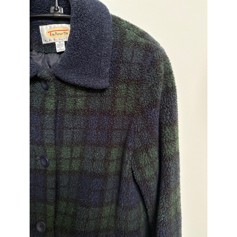 Talbots Petites Navy Green Plaid Fleece Jacket Coat MP Black Watch Preppy